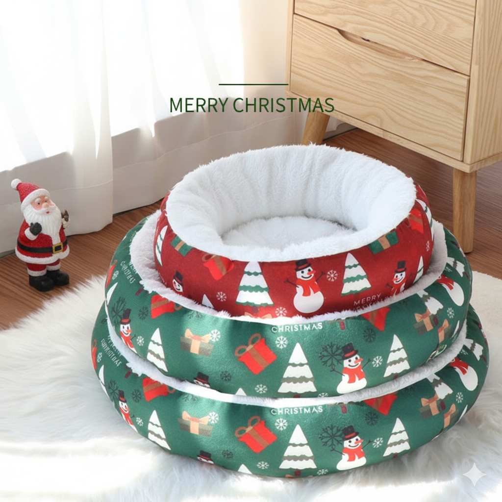 Round cozy pet bed with plush interior and green holiday print fabric cushion ring