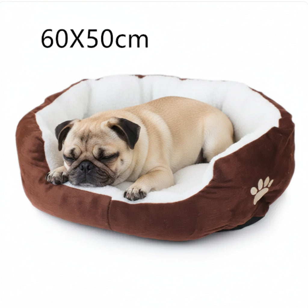 60x50cm brown round pet bed with white plush liner and paw emblem, dog sleeping inside