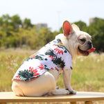 White tropical pet shirt with red and green palm leaf and pineapple print, snap-button style