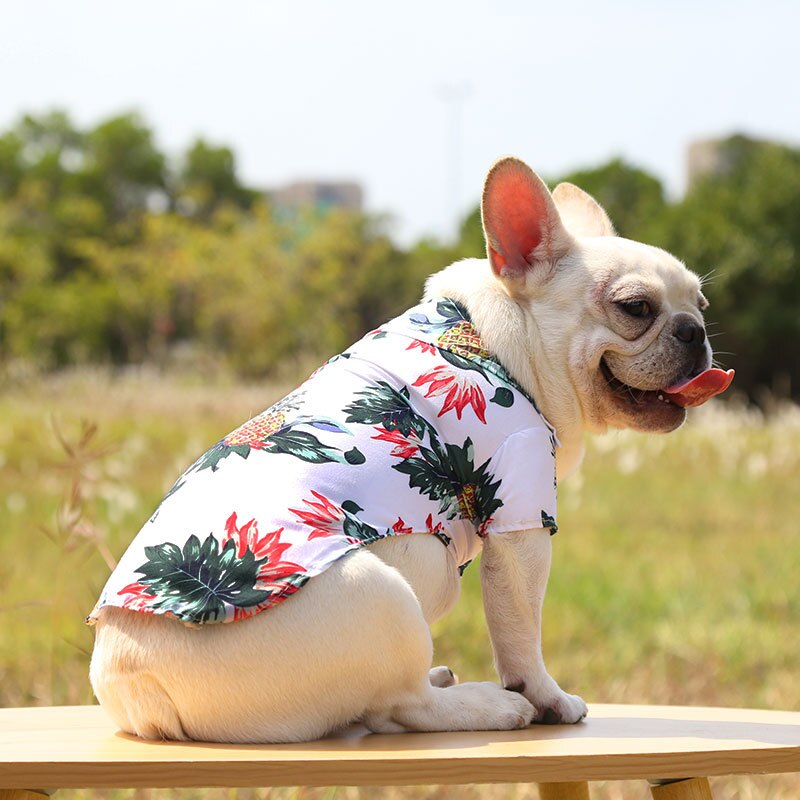 White tropical pet shirt with red and green palm leaf and pineapple print, snap-button style