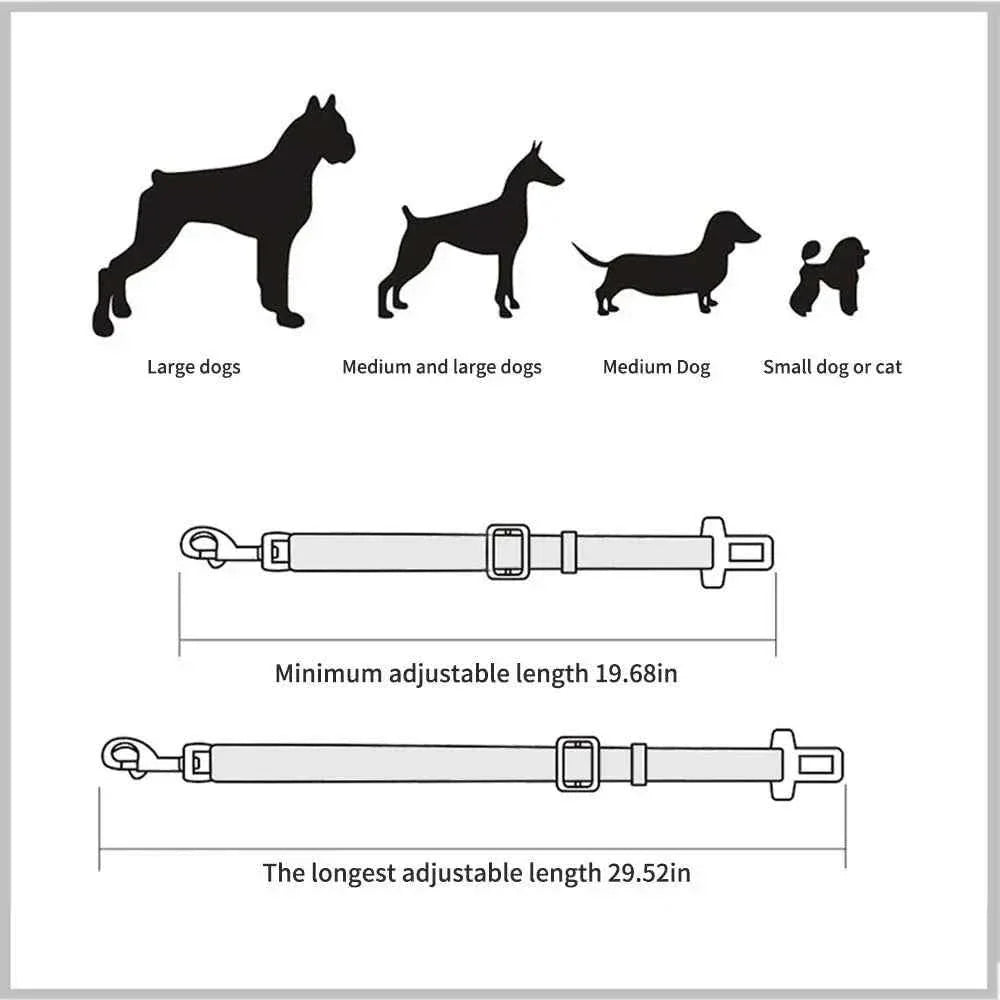 Pet car seat belt harness adjustable length diagram with buckle and clips