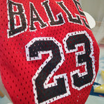 Red mesh basketball pet jersey with black “BALLS 23” print and striped collar cuffs