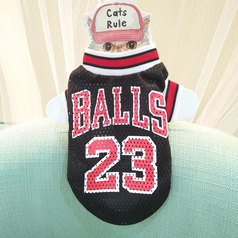 Black mesh basketball pet jersey with “BALLS 23” lettering and red-white-blue striped collar