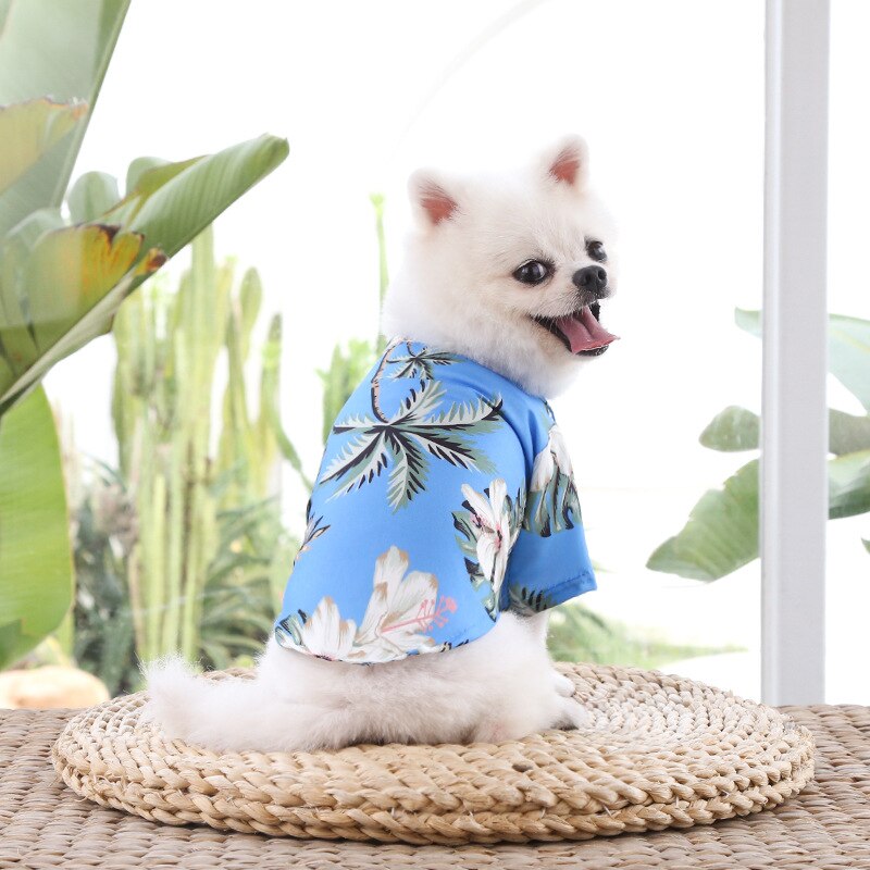 Light blue tropical pet shirt with blue palm leaf print, snap-button style