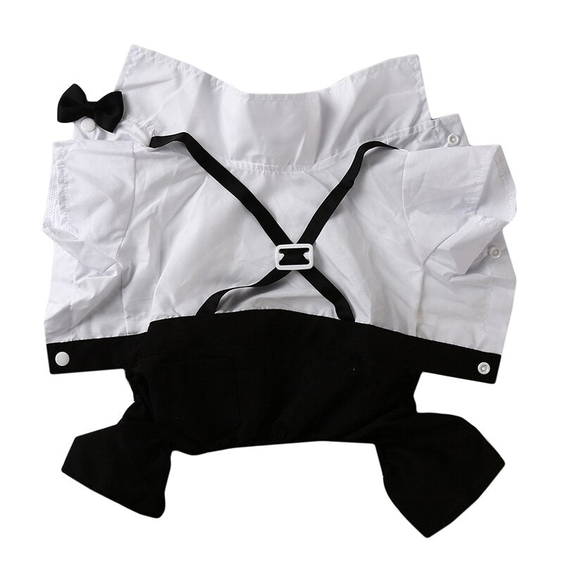 White pet suit top with black bow and cross-strap belt detail