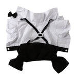 White pet suit top with black bow and cross-strap belt detail