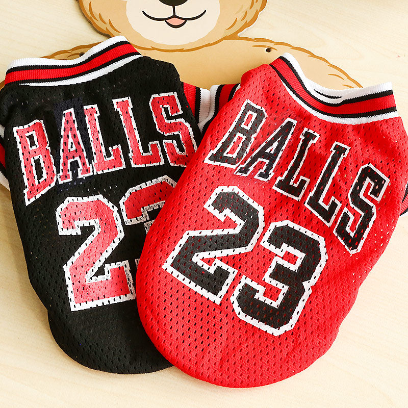 Red and black mesh basketball pet jerseys with large “BALLS 23” number print
