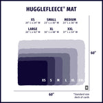 HuggleFleece® MAT size chart showing XS to XXL deck sizes in inches
