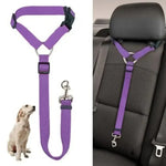 Pet car seat belt & harness safety strap in purple with metal clips