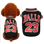 Black mesh basketball pet jersey set with “BALLS 23” back print and striped collar trim