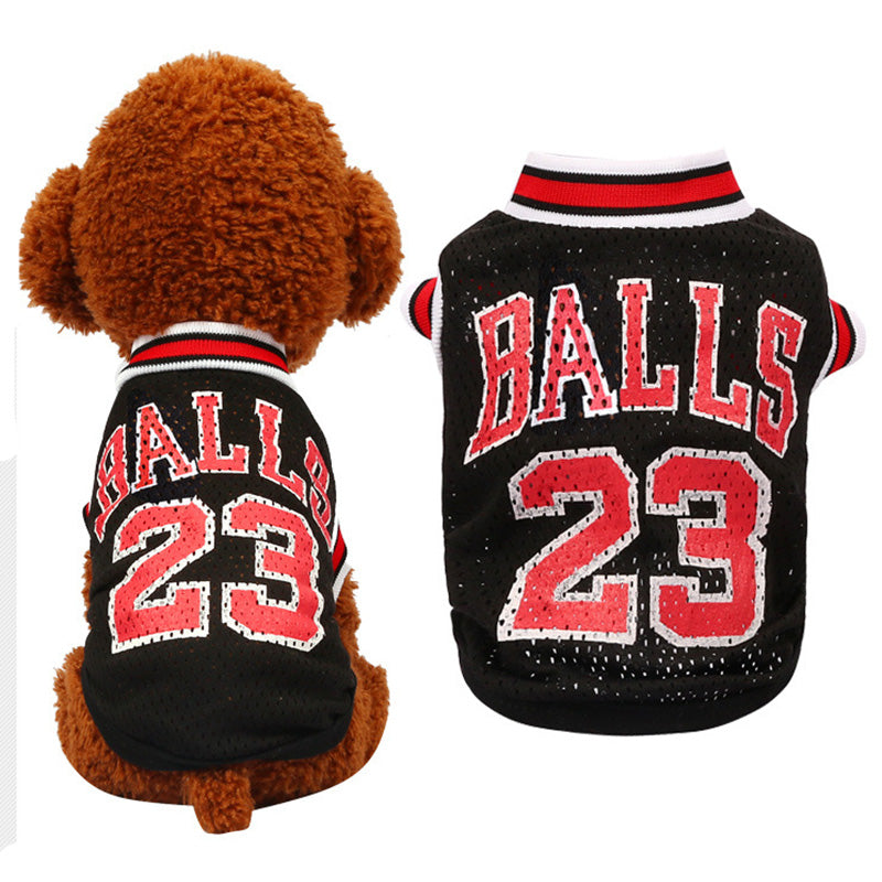 Black mesh basketball pet jersey set with “BALLS 23” back print and striped collar trim
