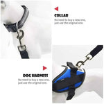 Pet car seat belt harness with black straps, blue safety pad, and metal leash ring