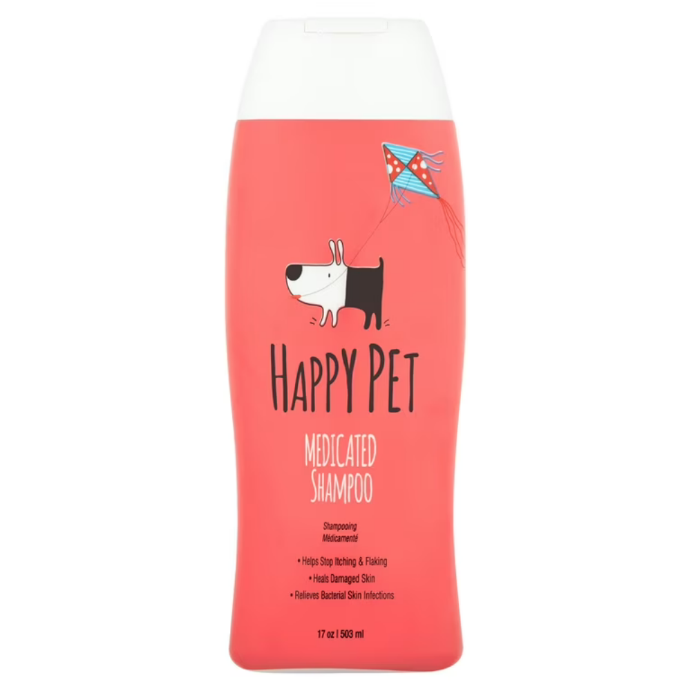 Happy Pet Medicated Shampoo bottle, 17 oz, pink label with dog graphic