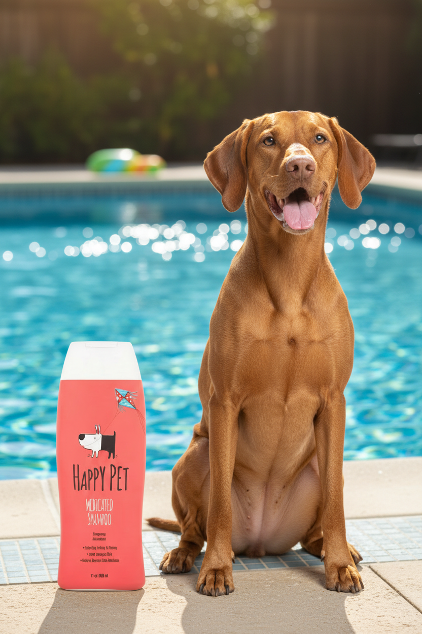 Red medicated pet shampoo bottle with white cap, standing upright