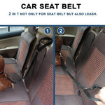 Pet car seat belt & harness with step-by-step leash-and-seat belt setup in panels