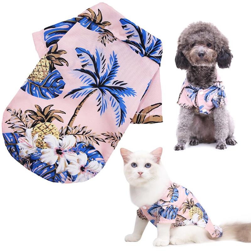 Light pink tropical pineapple pet shirt with blue leaf print, short sleeves