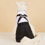 White pet suit with black back sash and belt buckle detail