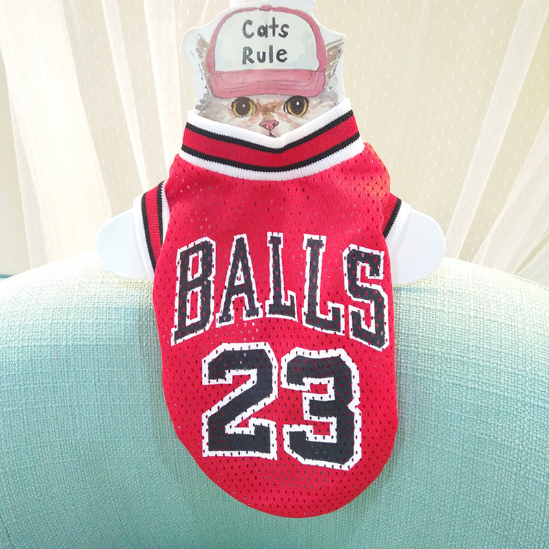 Red mesh basketball pet jersey with “BALLS 23” lettering and striped ribbed collar