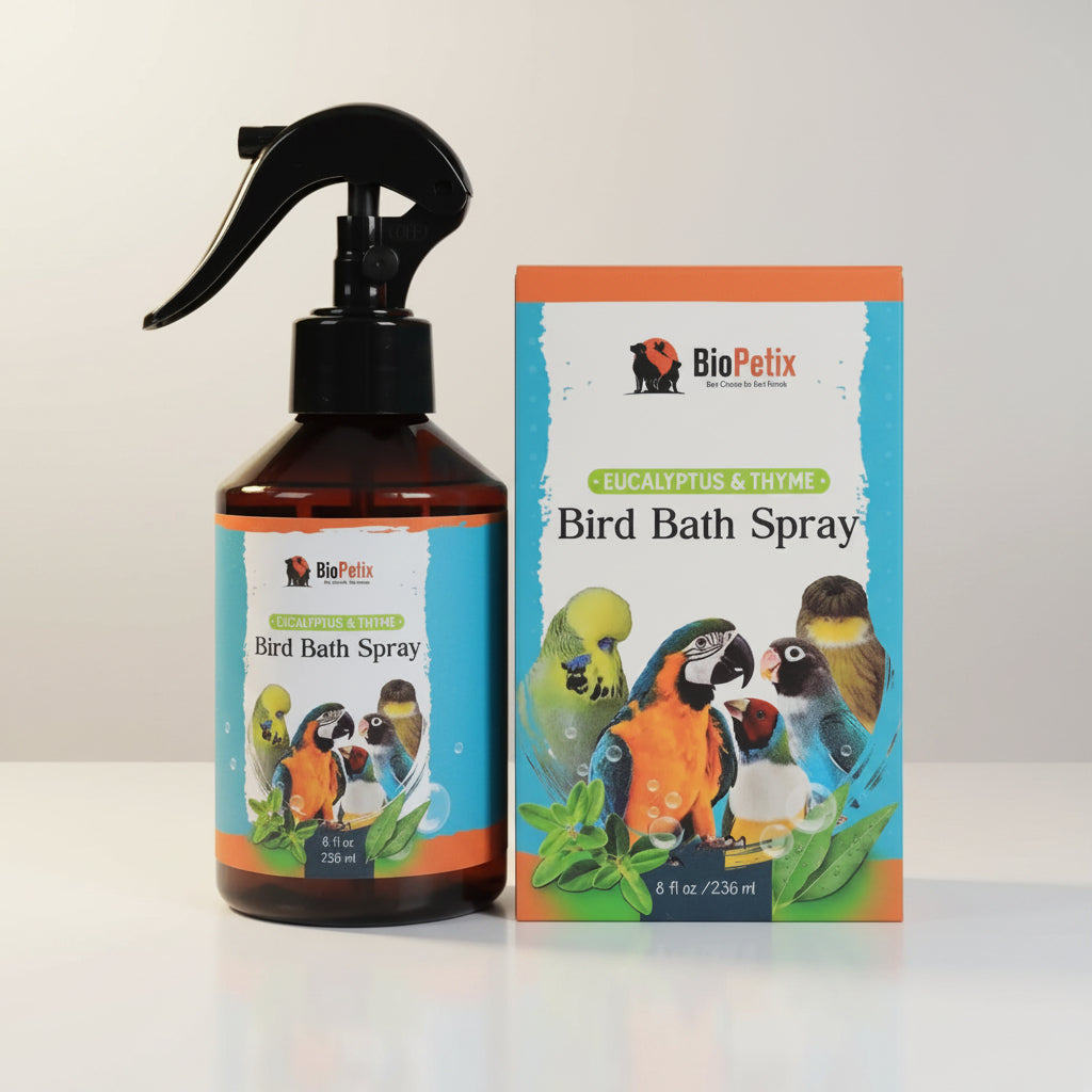 Bird bath spray bottle with pump and eucalyptus thyme product box, 8 oz