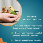 Bird bath spray label: safe for all bird species, contains eucalyptus and thyme extract