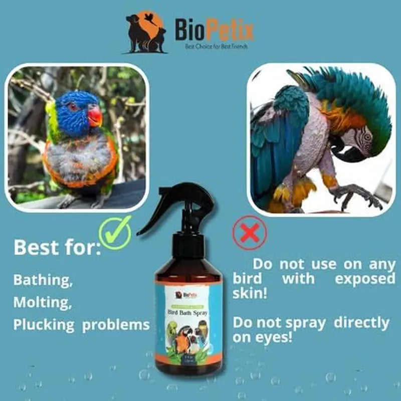 Bird bath spray bottle with best-for icons and do-not-use spray warnings