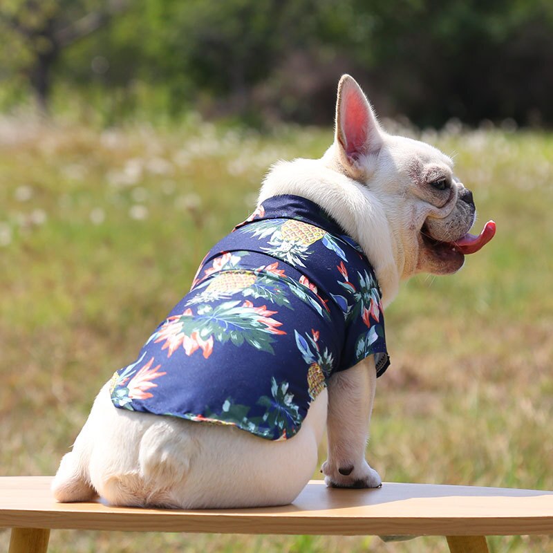 Navy tropical pet shirt with colorful palm leaves and pineapple print, snap-button style