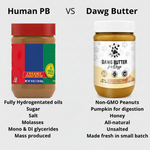 Dog peanut butter spread jar with label and ingredient comparison text