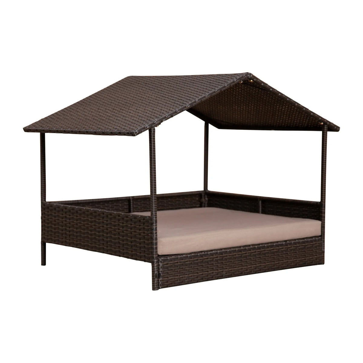 Raised pet cabana bed with dark brown rattan weave frame and beige cushion