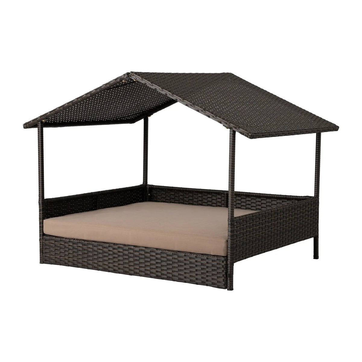Dark wicker pet bed side with bone logo emblem and beige cushion