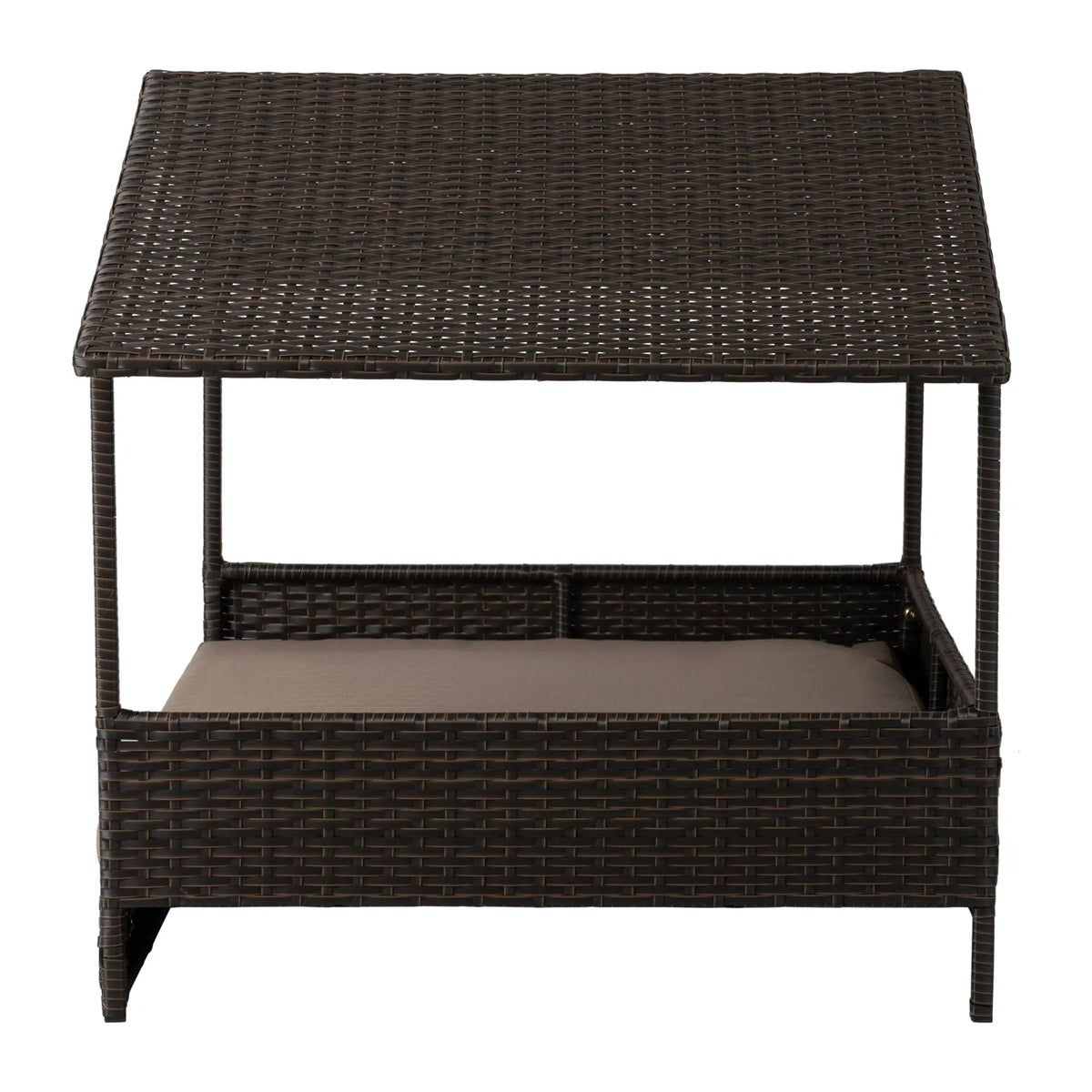 Cabana-style raised pet bed with dark brown woven wicker and beige cushion