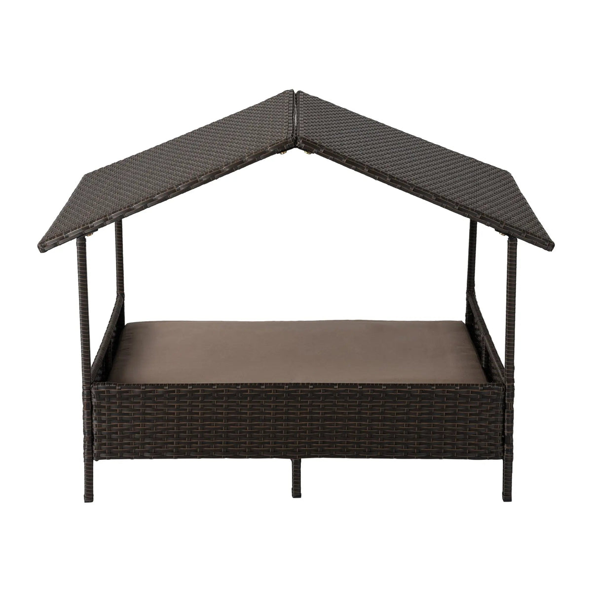 Dark brown wicker cabana pet bed with curved roof panels and beige seat cushion