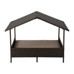 Dark brown wicker cabana pet bed with curved roof panels and beige seat cushion
