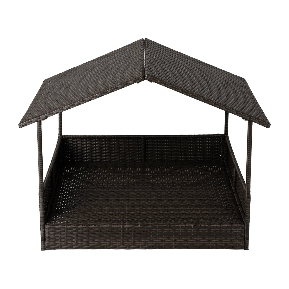 Woven dark brown wicker pet bed with slanted roof panels and beige cushion base