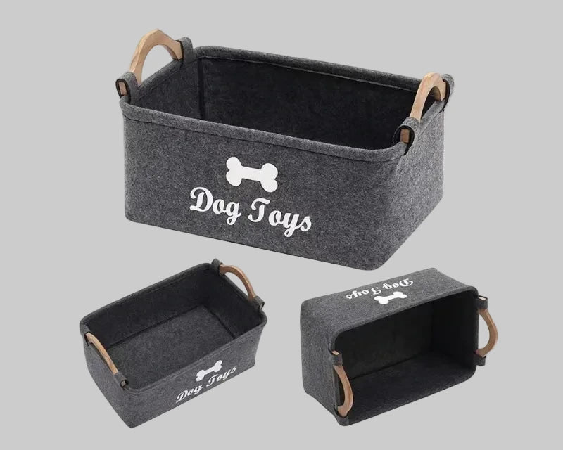 Grey felt pet toy bin set: large basket plus small tray and tunnel, dog-bone logo