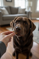 Dog reaching for a freeze-dried dog treat held in a person’s hand