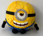 Yellow Minion plush with quilted texture and silver round goggles