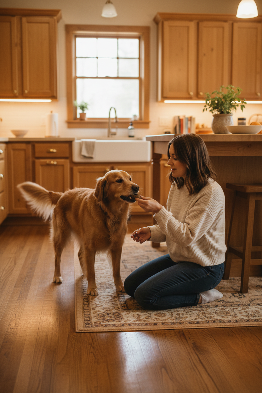 Crunchy dog treats bag offered by woman to golden retriever, inside home kitchen