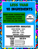 Dog treat nutrition label with less than 10 ingredients and guaranteed analysis values.