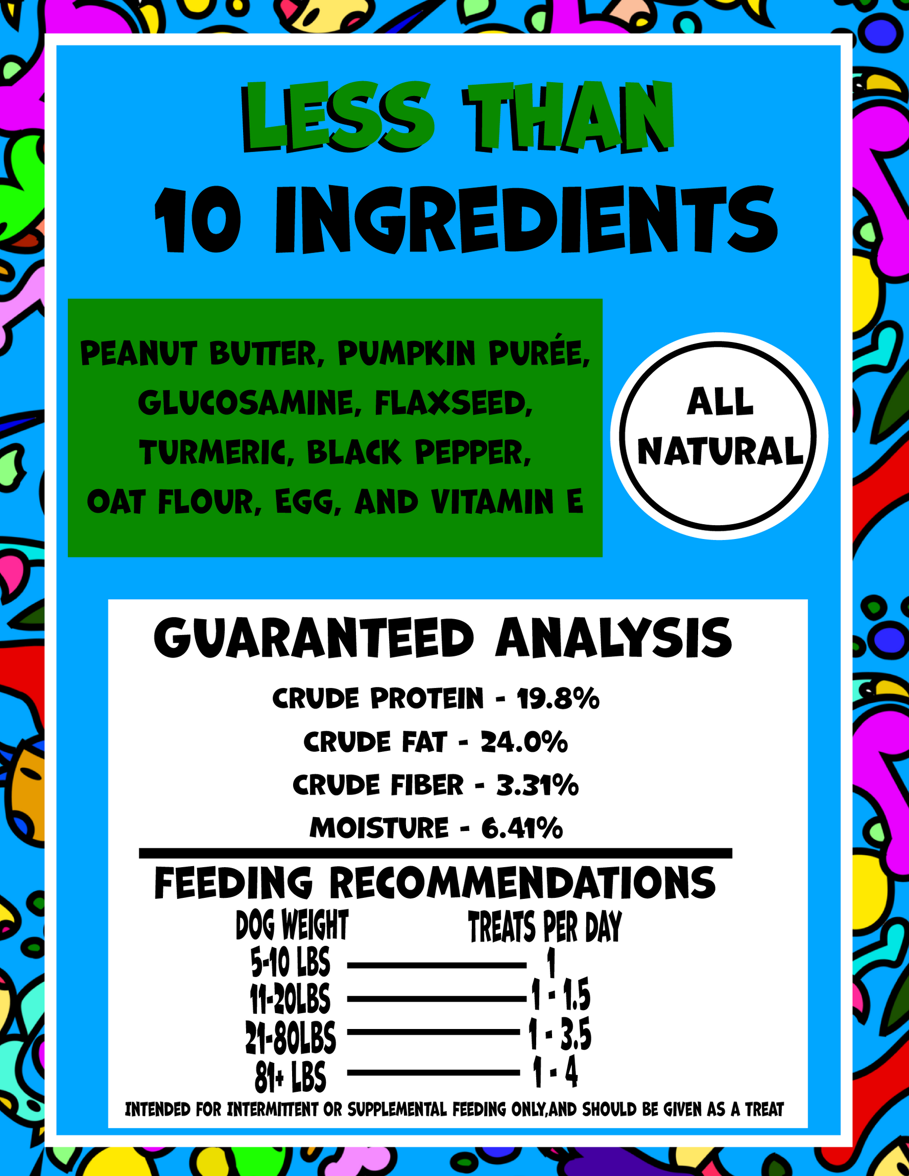 Dog treat nutrition label with less than 10 ingredients and guaranteed analysis values.