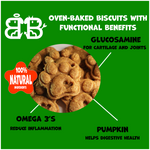Dog hip & joint treat package graphic showing oven-baked biscuits and glucosamine claim.