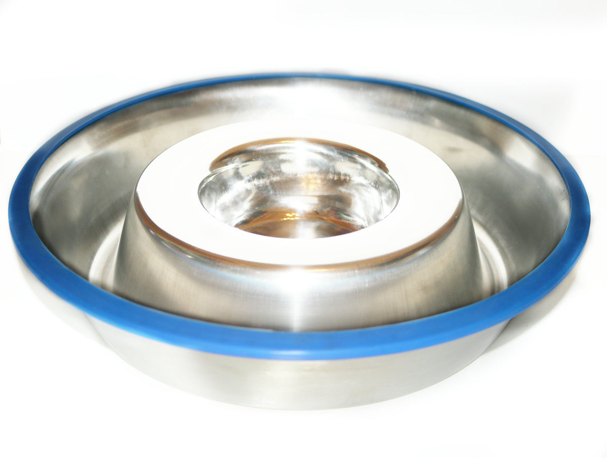 Stainless steel dog bowl with blue silicone base and raised center feeder piece