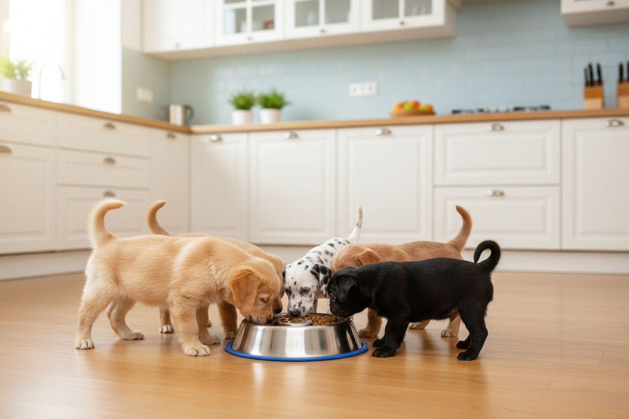 Three dogs eating from stainless steel slow-feed bowl with blue silicone base indoors