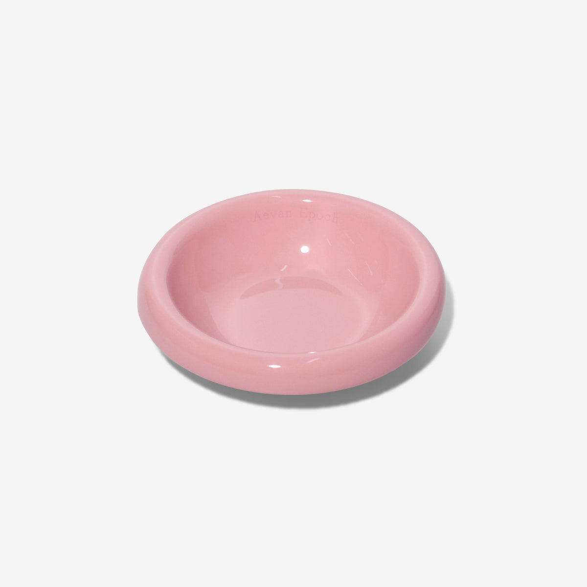 Pink stoneware pet bowl, shallow round dish with glossy finish