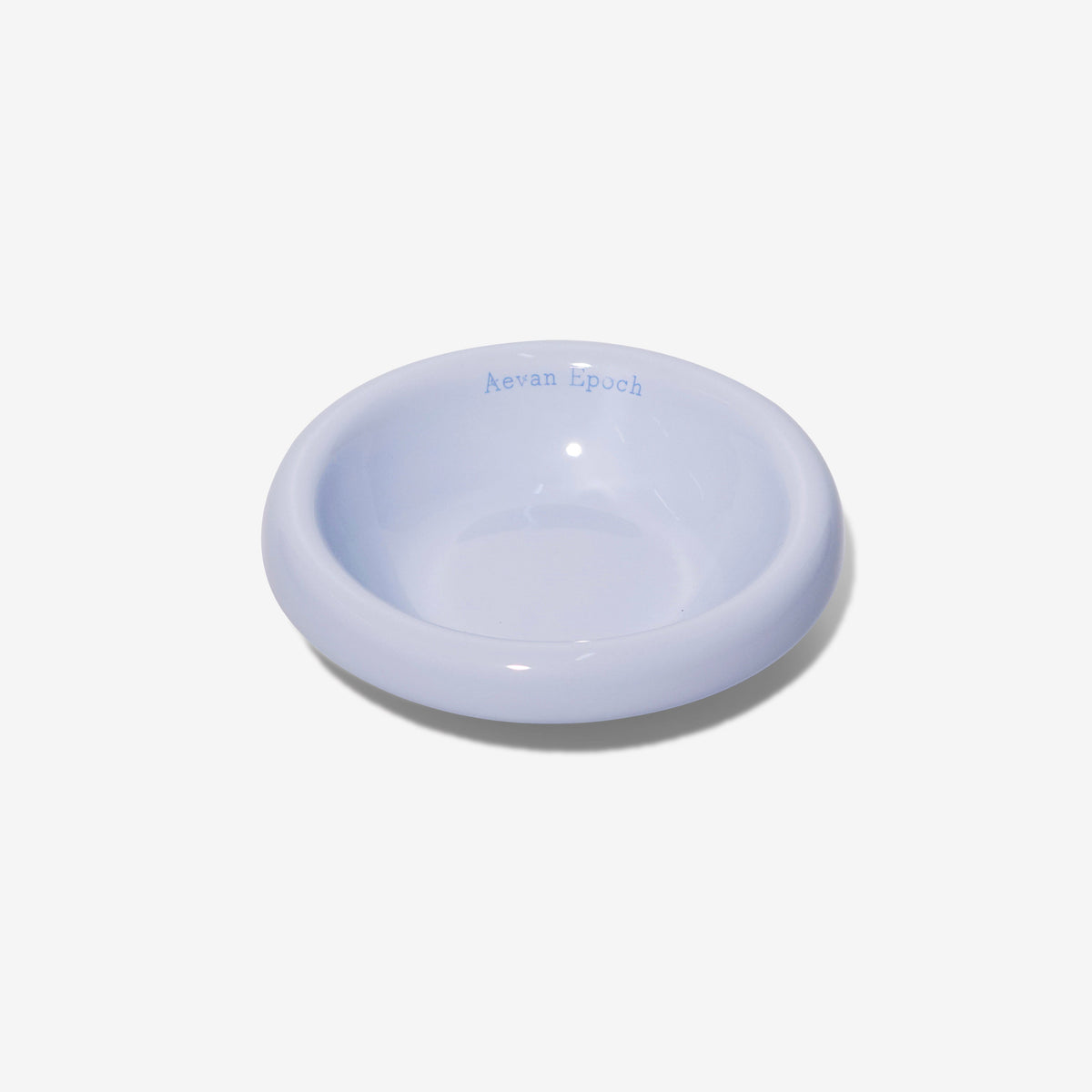 Light blue stoneware pet bowl, shallow round dish with glossy finish