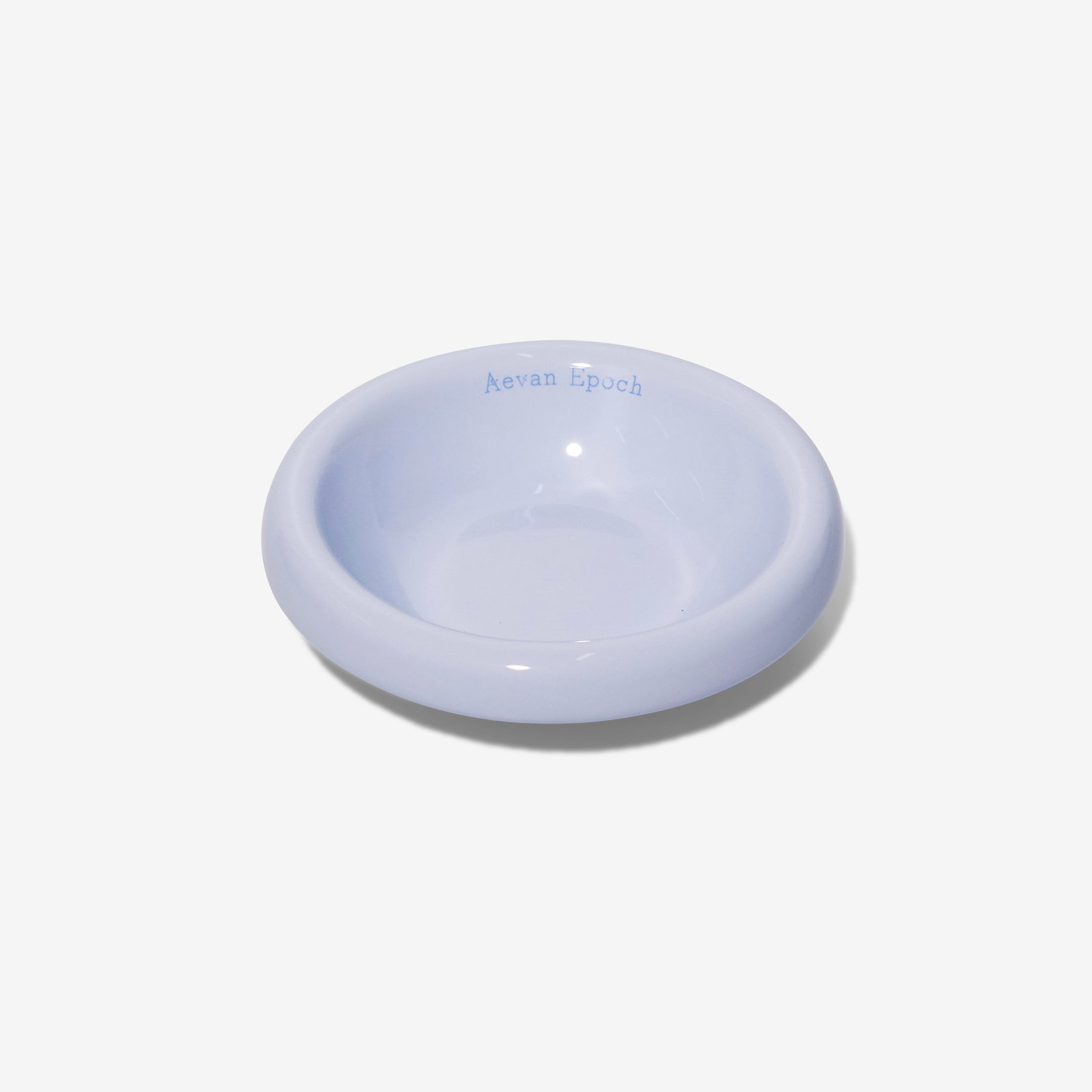 Light blue stoneware pet bowl, shallow round dish with glossy finish