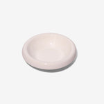 Stoneware pet bowl, glossy pale pink, shallow round dish with raised rim
