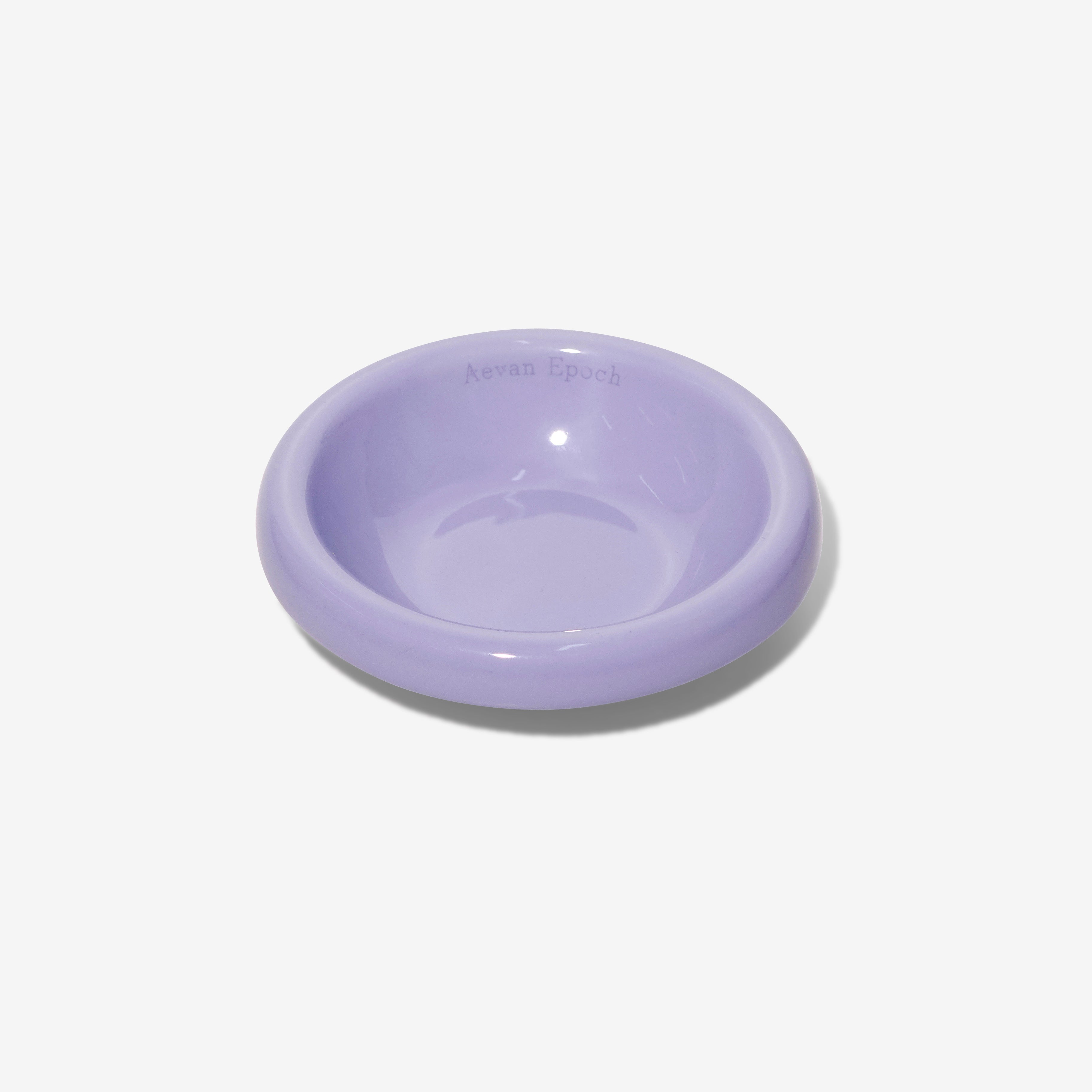 Stoneware pet bowl, glossy lavender, shallow round dish with raised rim