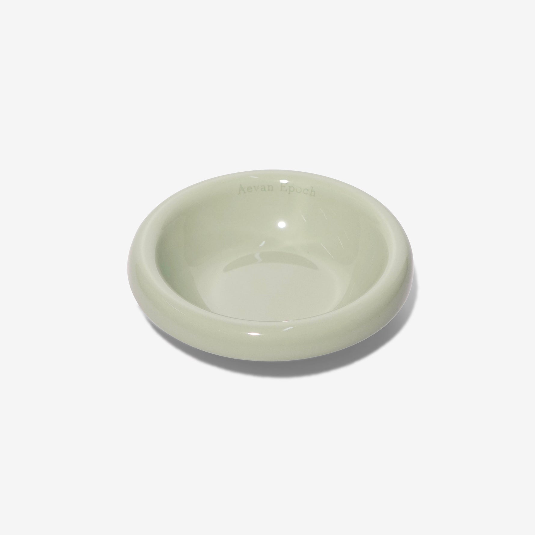 Stoneware pet bowl, glossy light sage green, shallow round dish with raised rim