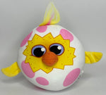 White-and-pink plush round dog toy with star face and colorful tuft