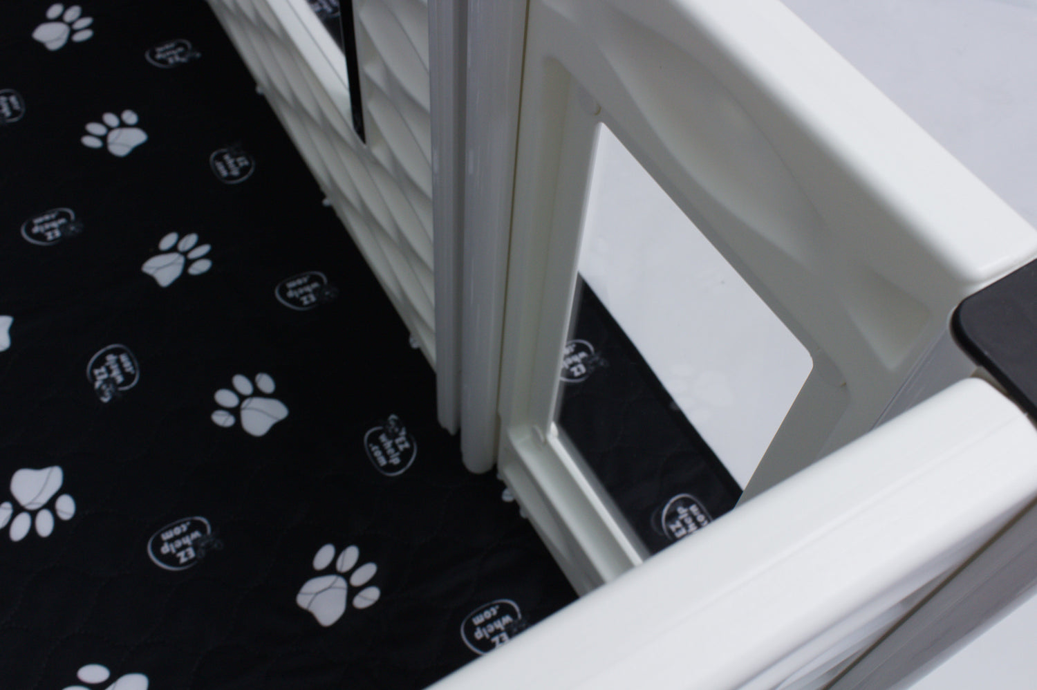 Window side panel with white frame over black paw-print mat